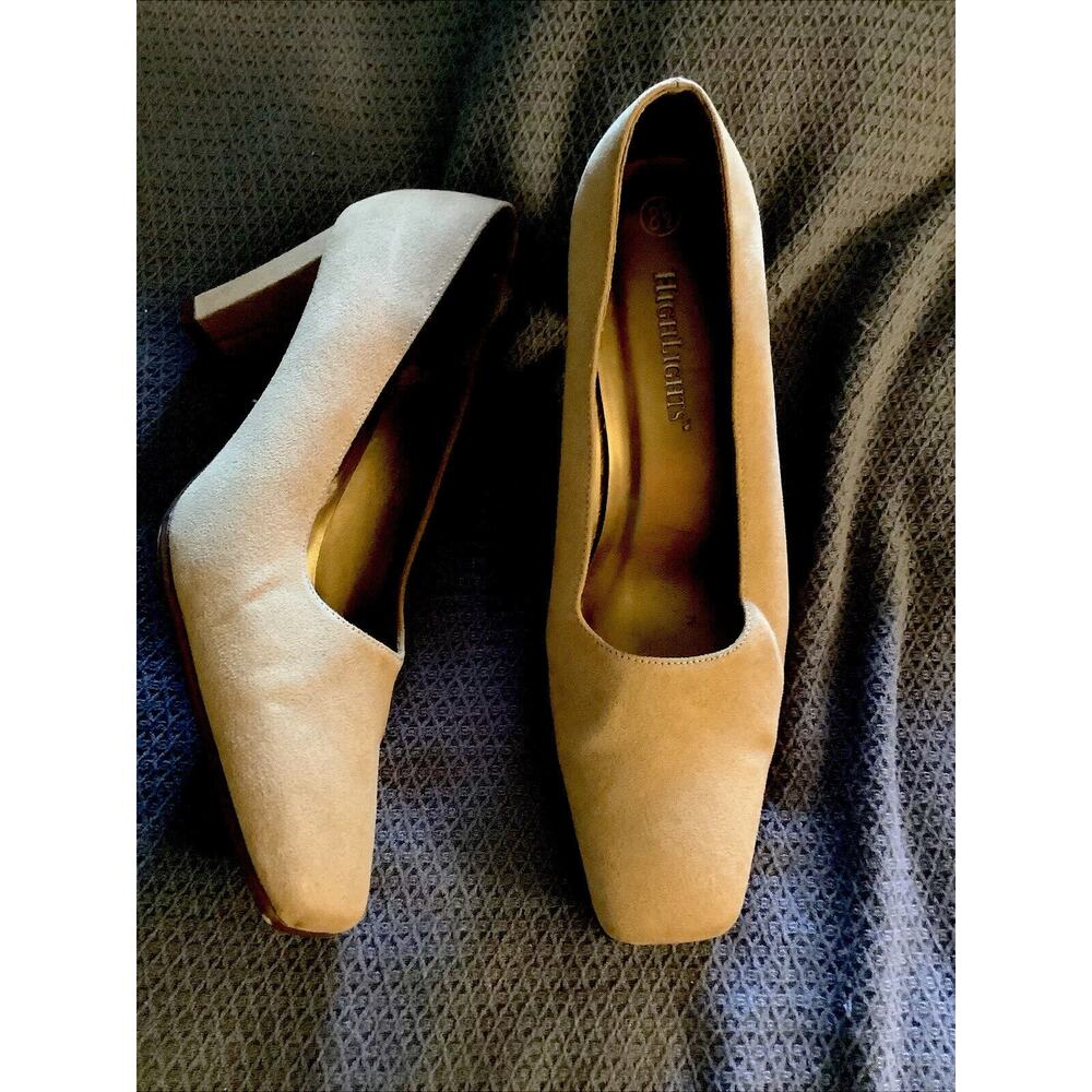 HighLights Gold Square Toe Suede Chunky Heel Pumps Women’s Shoes Size 8.5 8 1/2